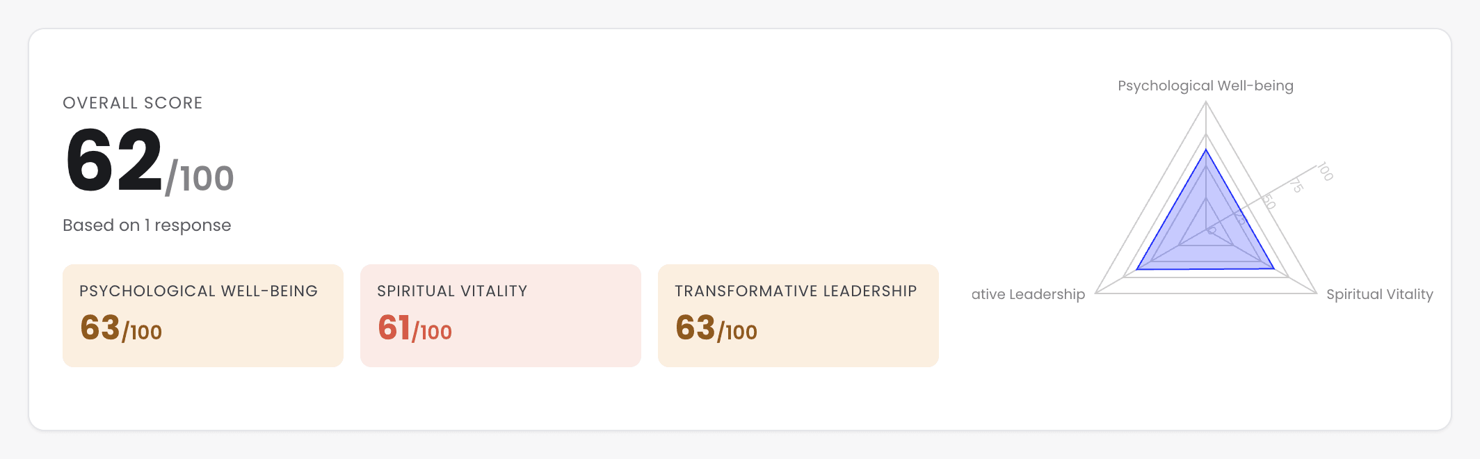 An overall score of 62 out of 100, based on 1 response, with scores for psychological well-being, spiritual vitality and transformative leadership and a triangle chart of the 3.