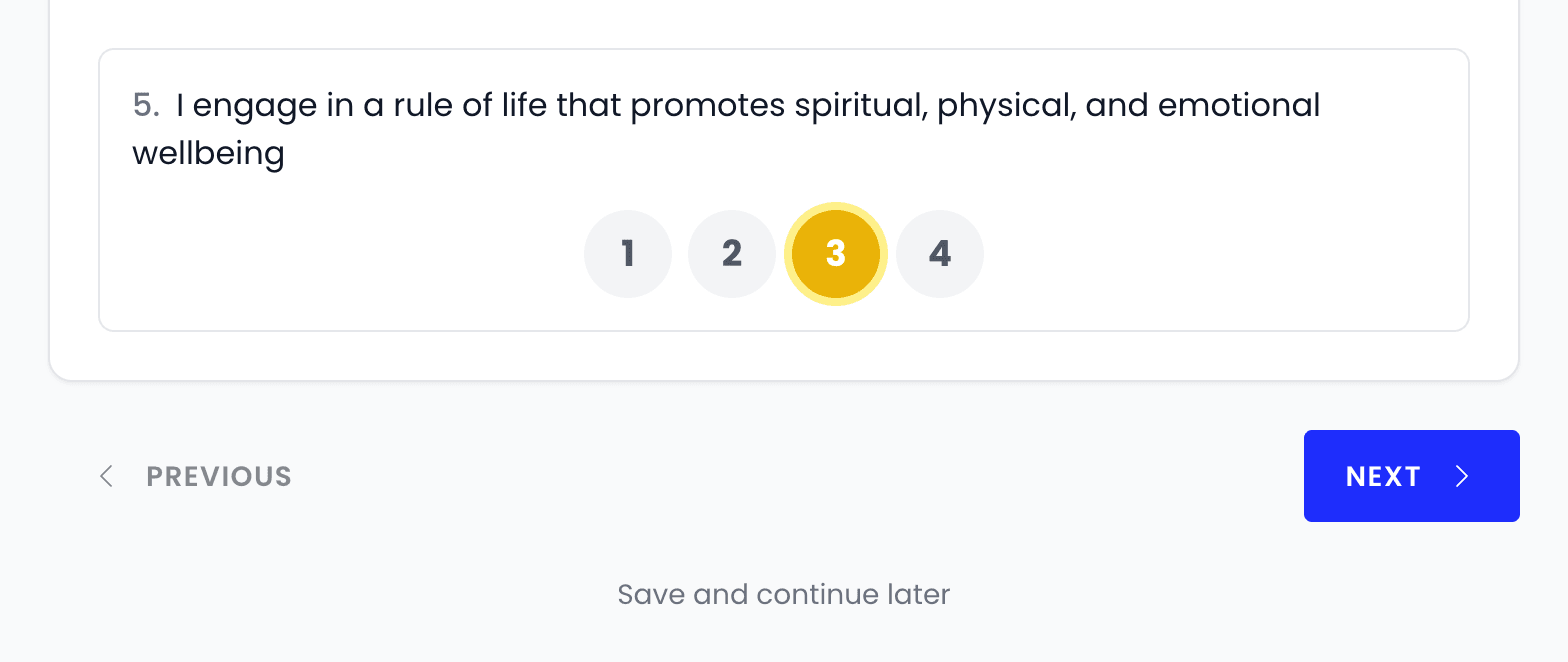 The last statement of a section answered with a 3, above the Previous and Next buttons and a Save and continue later link.