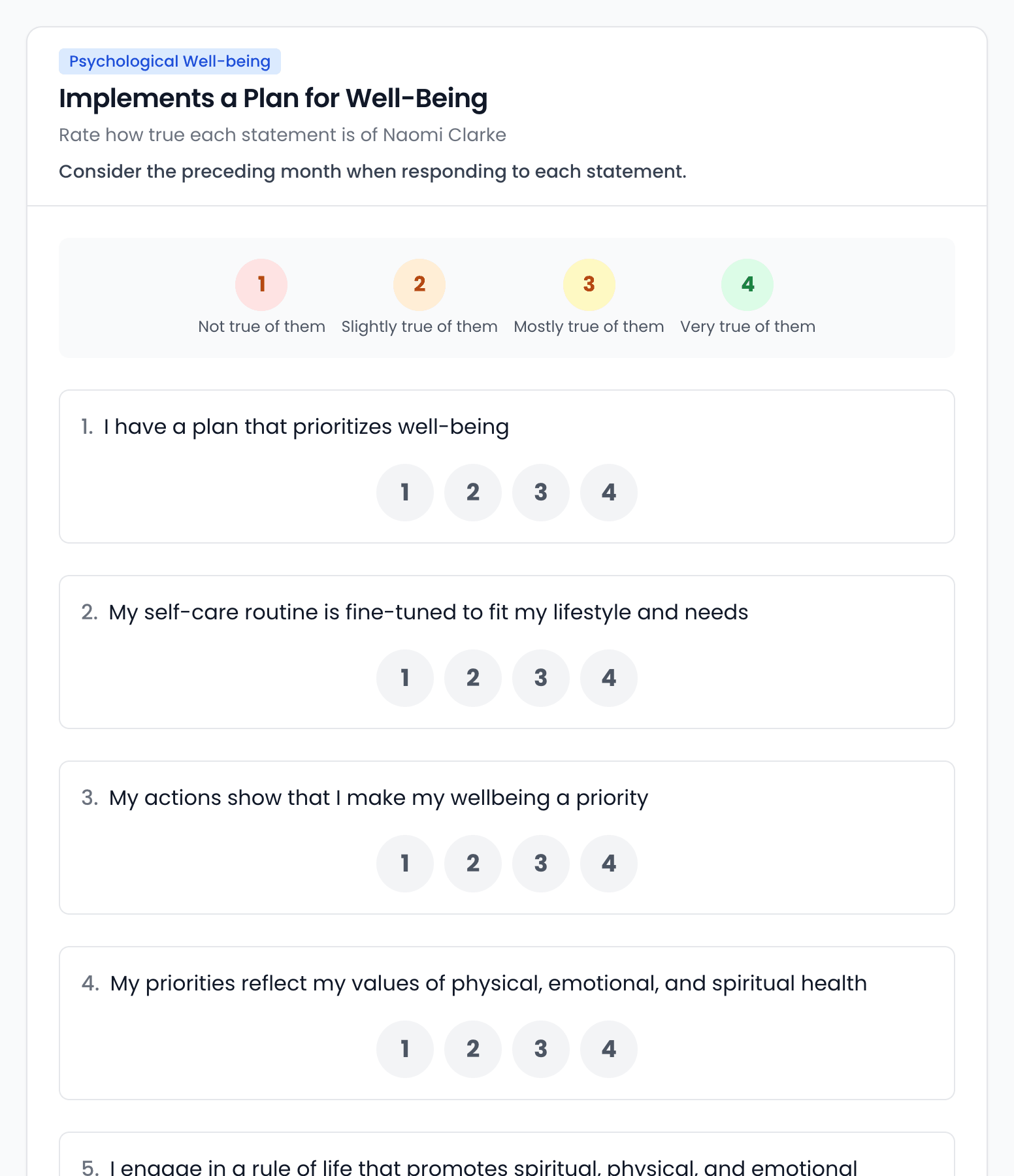 A section of the feedback page, asking how true each statement is of the leader over the preceding month, with a scale from 1 Not true of them to 4 Very true of them and the section's statements to answer.