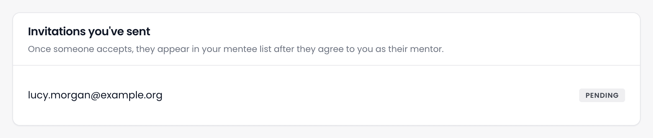 The Invitations you've sent card, explaining that people appear in the mentee list after they agree to you as their mentor, with an invitation marked Pending.