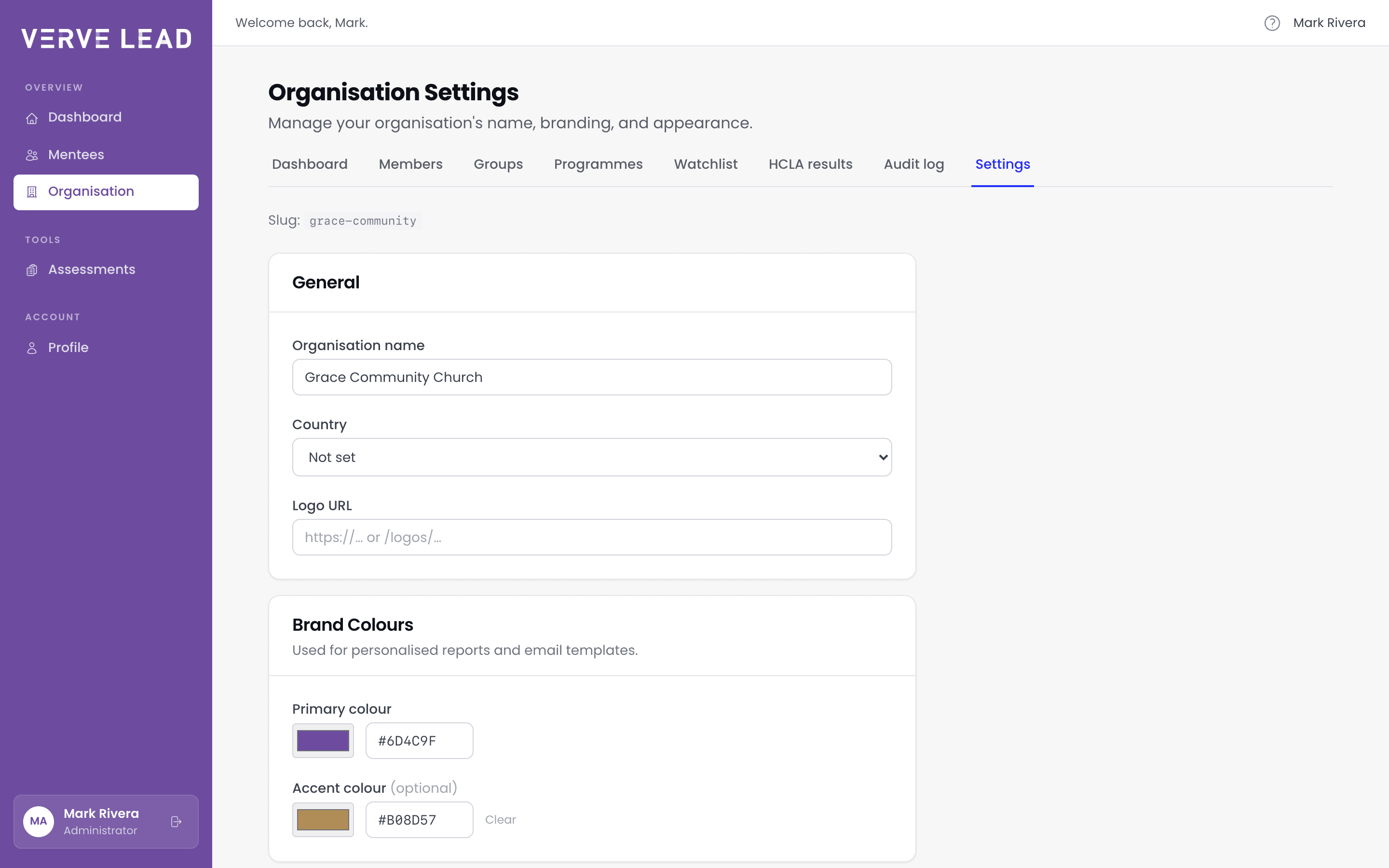 The Organisation Settings page for Grace Community Church, with a purple sidebar, tabs from Dashboard to Settings, a General panel with the organisation's name, country and logo address, and a Brand Colours panel with a purple primary colour.