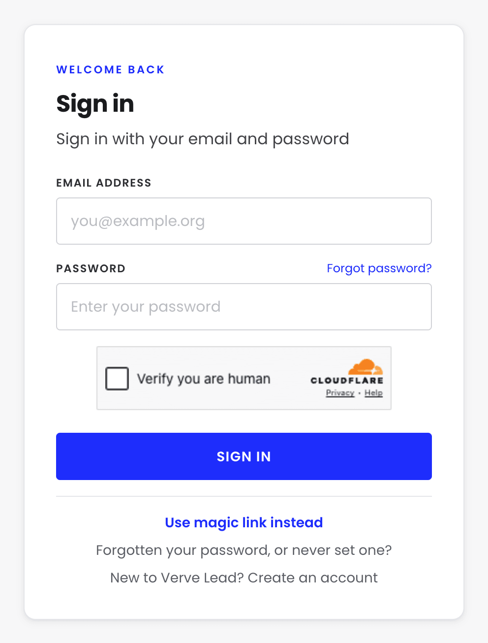 The Sign in page in password mode, with Email address and Password boxes, a Forgot password? link, a Verify you are human box, a Sign in button and a Use magic link instead link.