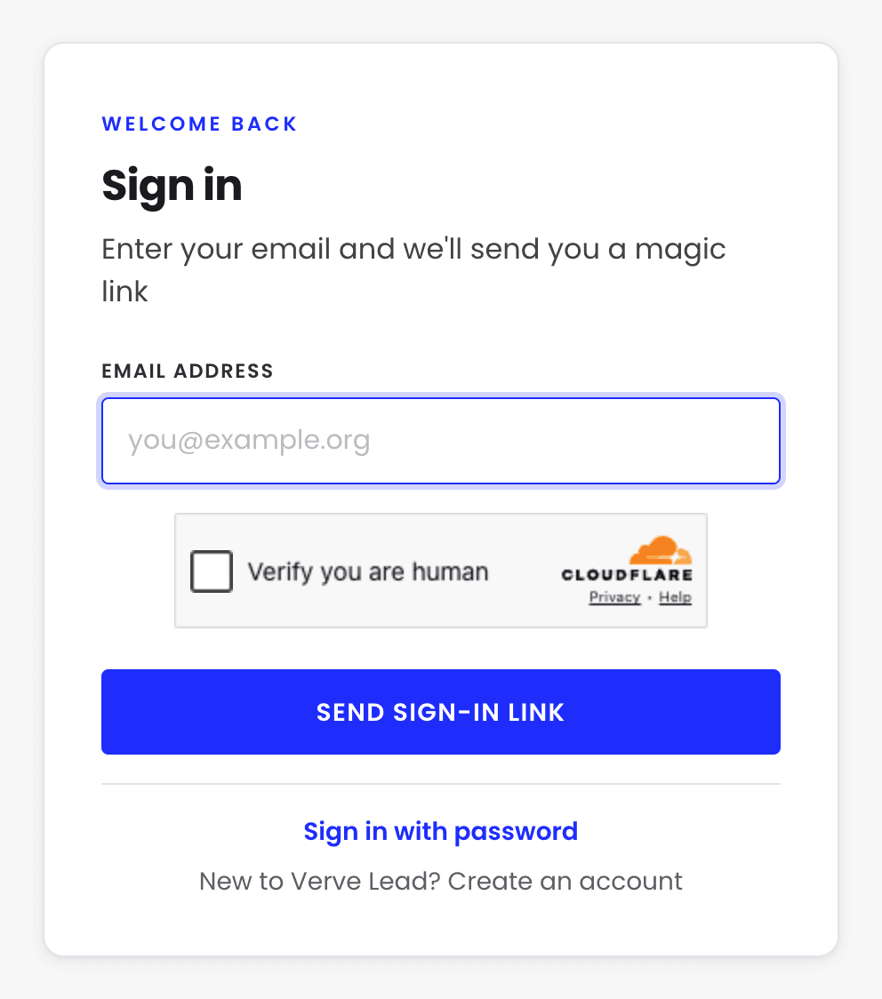 The Sign in page, with an Email address box, a Verify you are human box, a Send sign-in link button, and links to sign in with a password or create an account.