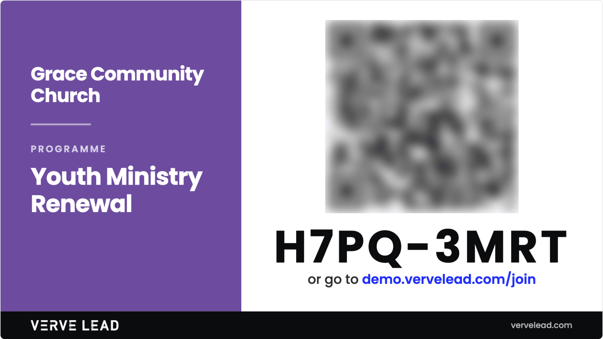 A join slide for the programme Youth Ministry Renewal: a coloured panel with the organisation's name and the programme name on the left, and a QR code, the code H7PQ-3MRT and the address to type on the right.