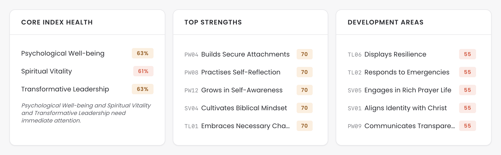 3 panels: Core Index Health with the 3 area scores, Top Strengths with 5 behavioural expressions, and Development Areas with 5 more.