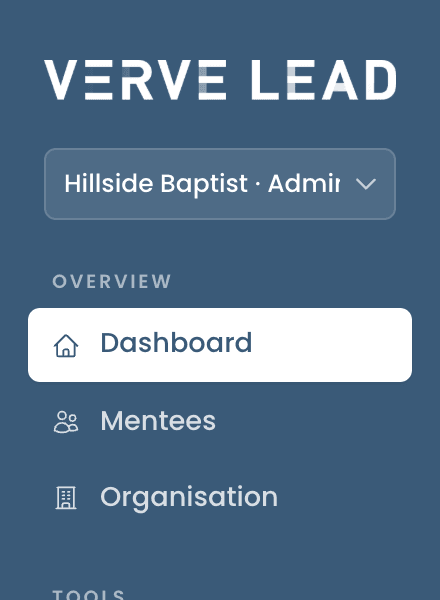 The top of the sidebar, with the organisation list under the logo showing the current organisation and the person's role there.