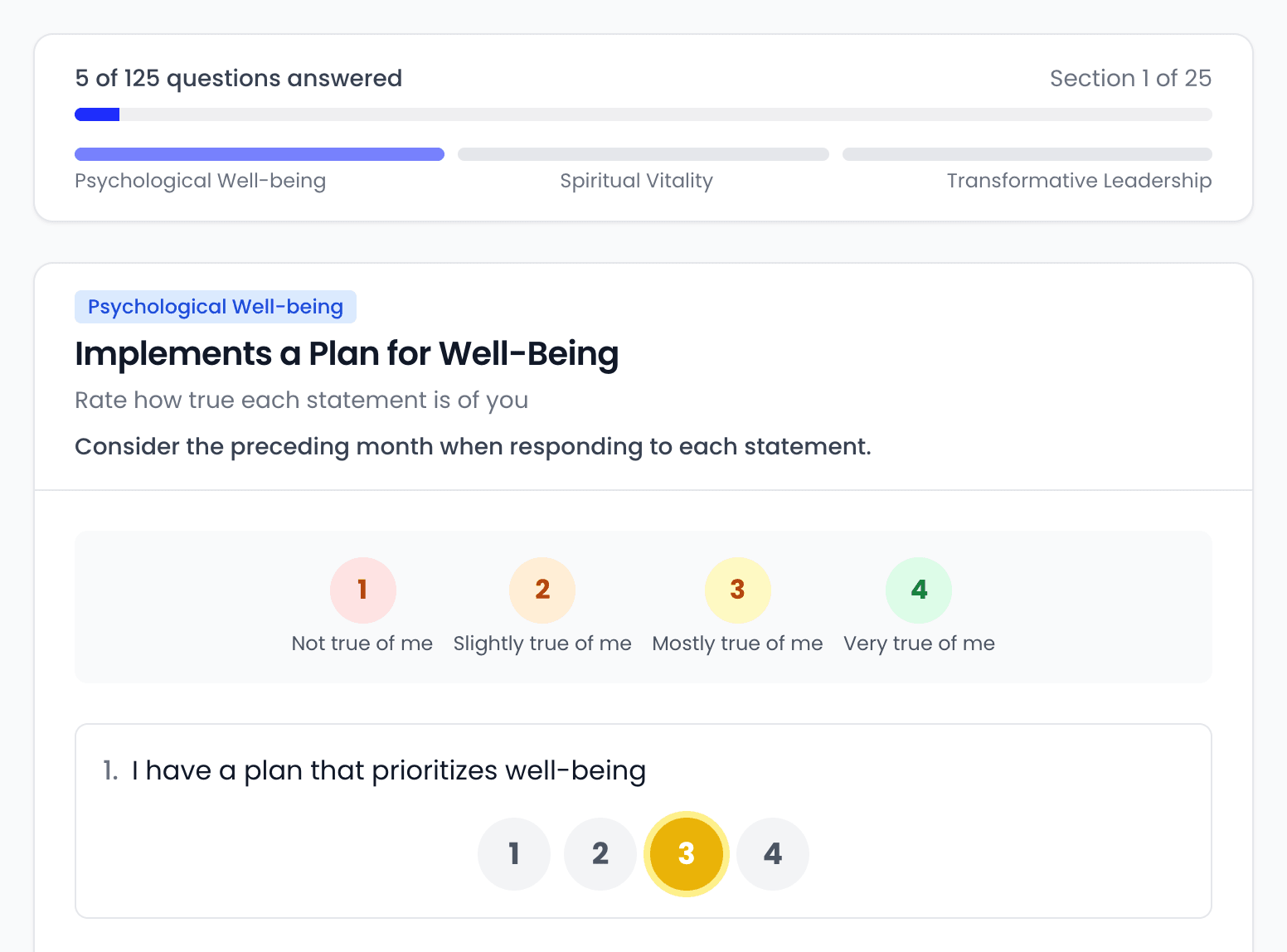 The top of an HCLA in progress, showing 5 of 125 questions answered, section 1 of 25, the section Implements a Plan for Well-Being, the 1 to 4 answer scale, and the first statement answered with a 3.